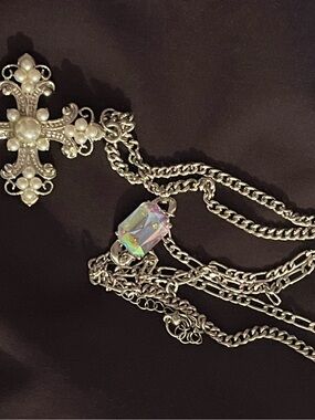 Silver-tone Cross Pendant Necklace with Pearl Accents and Aurora Crystal